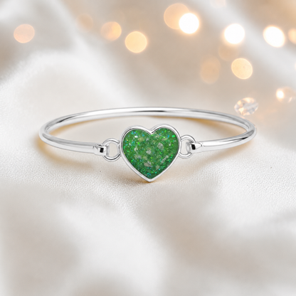 Nyx Bangle — silver heart shaped ashes memorial bangle in fruit green, handcrafted in Lancashire, UK - by Keepsake Memorial Jewellery