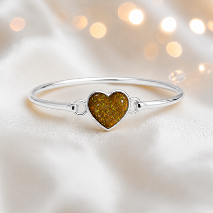 Nyx Bangle — silver heart shaped ashes memorial bangle in gold olive, handcrafted in Lancashire, UK - by Keepsake Memorial Jewellery