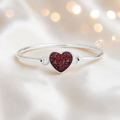 Nyx Bangle — silver heart shaped ashes memorial bangle in ruby red, handcrafted in Lancashire, UK - by Keepsake Memorial Jewellery