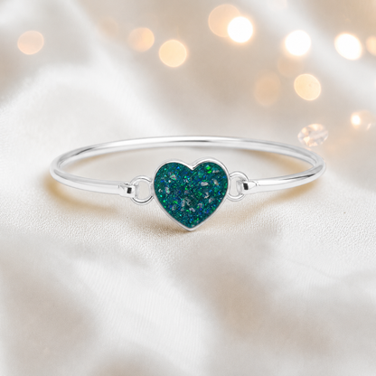 Nyx Bangle — silver heart shaped ashes memorial bangle in teal mist, handcrafted in Lancashire, UK - by Keepsake Memorial Jewellery