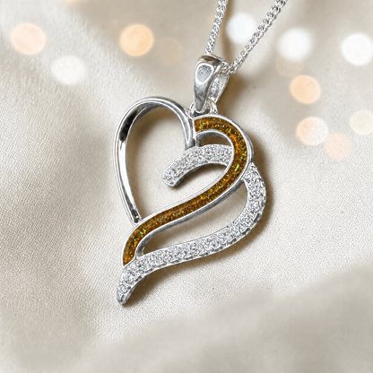 Olive Heart shaped memorial ashes pendant with CZ stones and gold olive. handcrafted in Lancashire, UK.