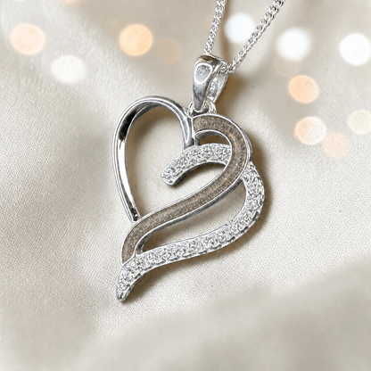 Olive Heart shaped memorial ashes pendant with CZ stones and natural ash. handcrafted in Lancashire, UK.