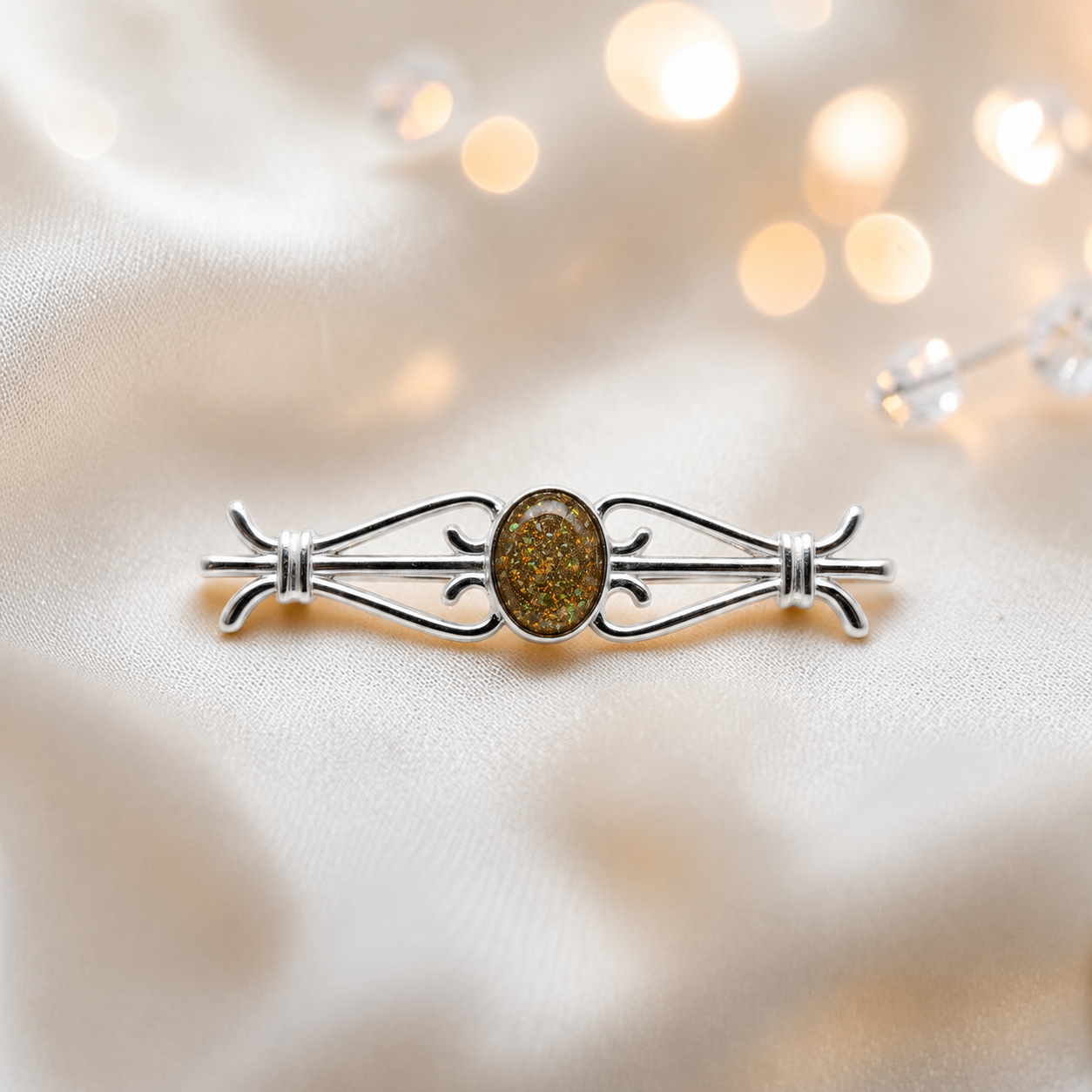 Ophelia brooch - sterling silver ashes memorial brooch in gold olive, handcrafted in Lancashire UK - by Keepsake Memorial Jewellery