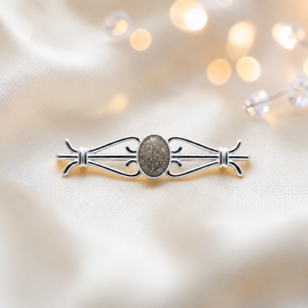 Ophelia brooch - sterling silver ashes memorial brooch in natural ash, handcrafted in Lancashire UK - by Keepsake Memorial Jewellery