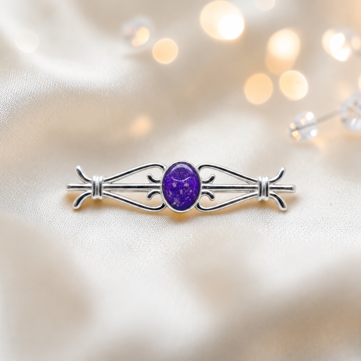 Ophelia brooch - sterling silver ashes memorial brooch in sleepy lavender, handcrafted in Lancashire UK - by Keepsake Memorial Jewellery