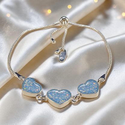 Orion Bracelet — silver three heart ashes memorial bracelet, in baby blue,  handcrafted in Lancashire, UK - by Keepsake Memorial Jewellery