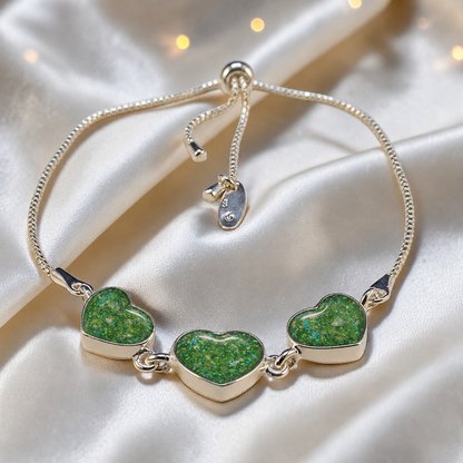 Orion Bracelet — silver three heart ashes memorial bracelet, in fruit green, handcrafted in Lancashire, UK - by Keepsake Memorial Jewellery