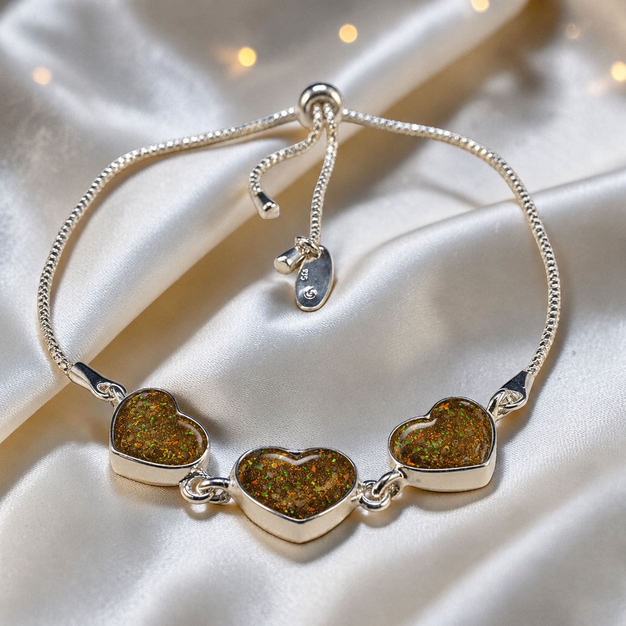 Orion Bracelet — silver three heart ashes memorial bracelet, in gold olive, handcrafted in Lancashire, UK - by Keepsake Memorial Jewellery