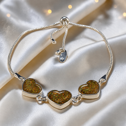 Orion Bracelet — silver three heart ashes memorial bracelet, in gold olive, handcrafted in Lancashire, UK - by Keepsake Memorial Jewellery