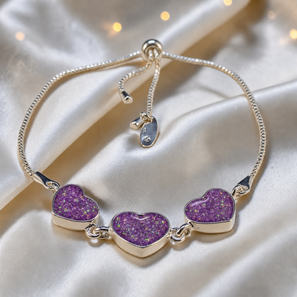 Orion Bracelet — silver three heart ashes memorial bracelet, in rose pink,  handcrafted in Lancashire, UK - by Keepsake Memorial Jewellery