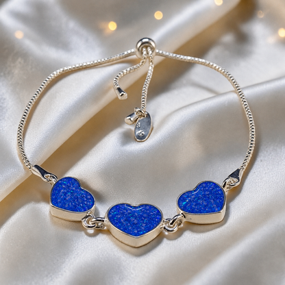 Orion Bracelet — silver three heart ashes memorial bracelet, in royal blue,  handcrafted in Lancashire, UK - by Keepsake Memorial Jewellery