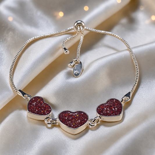 Orion Bracelet — silver three heart ashes memorial bracelet, in ruby red,  handcrafted in Lancashire, UK - by Keepsake Memorial Jewellery