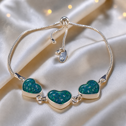 Orion Bracelet — silver three heart ashes memorial bracelet, in teal mist, handcrafted in Lancashire, UK - by Keepsake Memorial Jewellery