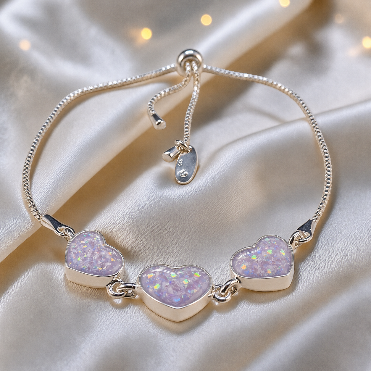 Orion Bracelet — silver three heart ashes memorial bracelet, in unicorn purple, handcrafted in Lancashire, UK - by Keepsake Memorial Jewellery