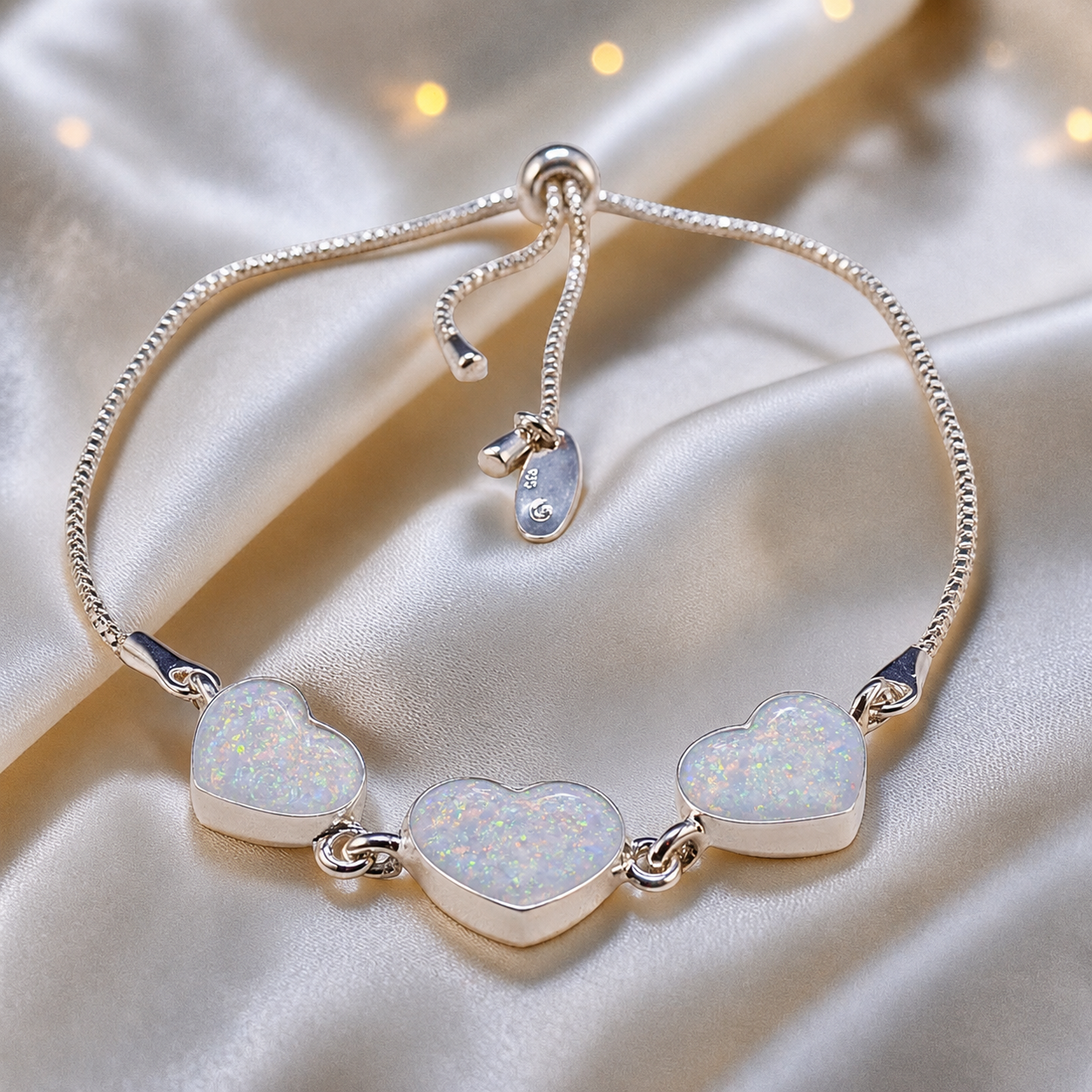 Orion Bracelet — silver three heart ashes memorial bracelet, in white snow,  handcrafted in Lancashire, UK - by Keepsake Memorial Jewellery