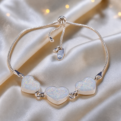 Orion Bracelet — silver three heart ashes memorial bracelet, in white snow,  handcrafted in Lancashire, UK - by Keepsake Memorial Jewellery