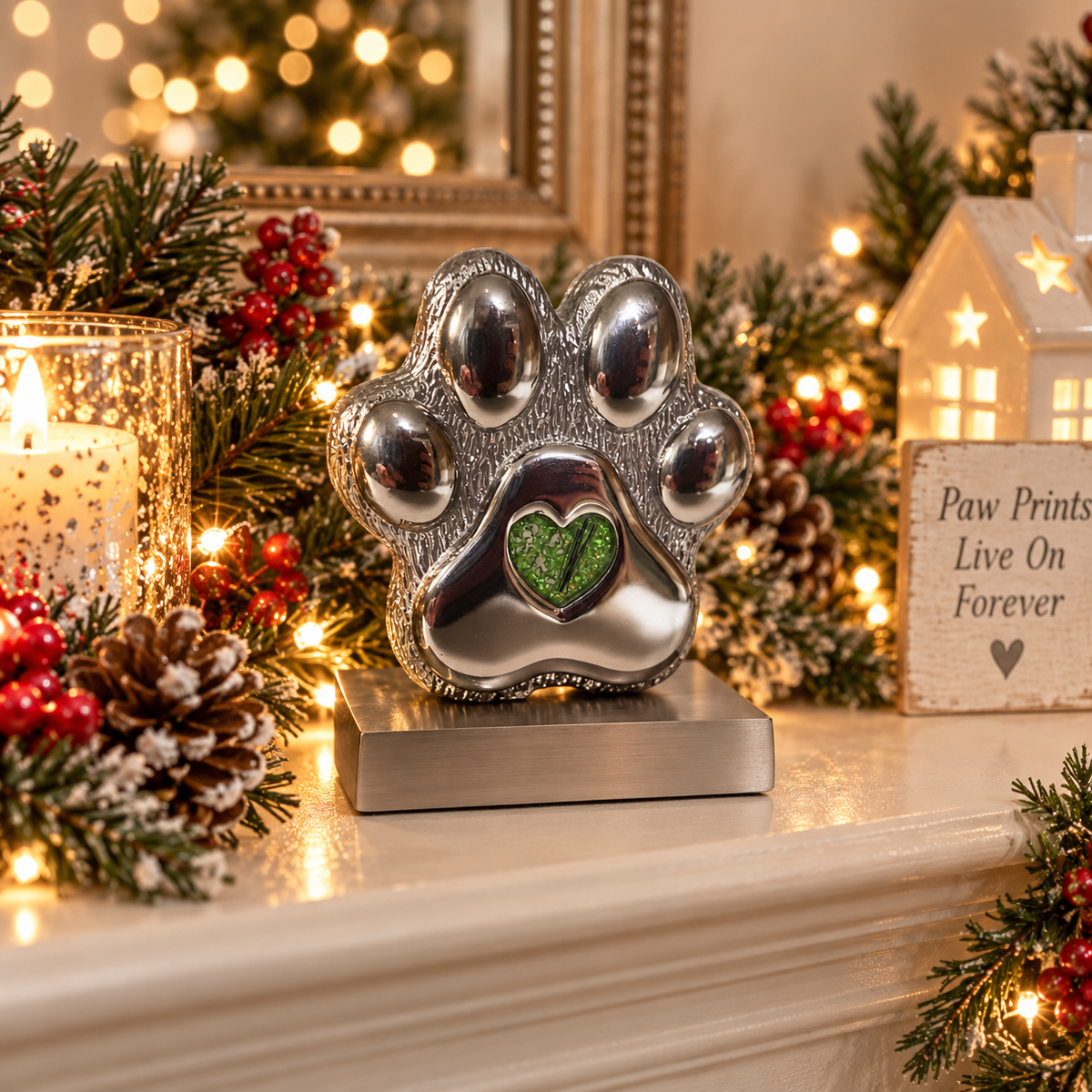Paw print of love, Stainless steel paw print ashes ornament in white snow, handcrafted in Lancashire, UK - by Keepsake Memorial Jewellery