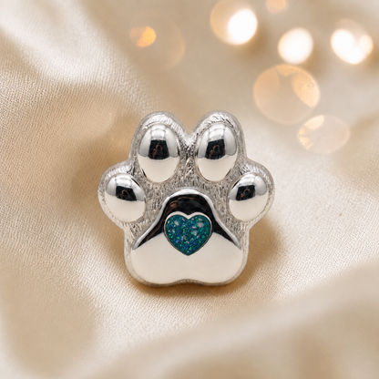 Pawprint of love, Stainless steel paw print ashes ornament in teal mist, handcrafted in Lancashire, UK - by Keepsake Memorial Jewellery