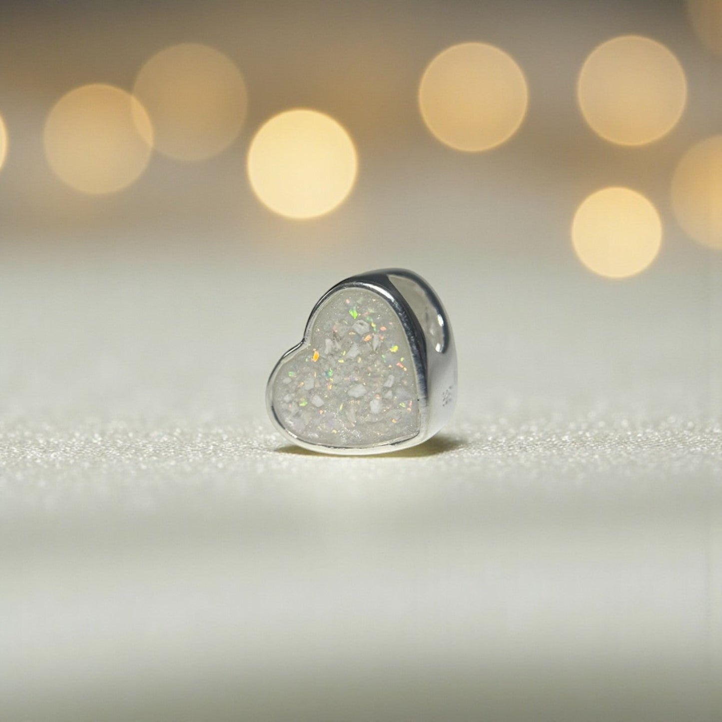 Peaceful heart charm, sterling silver ashes heart charm in white snow, handcrafted in Lancashire UK