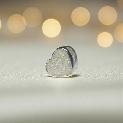 Peaceful heart charm, sterling silver ashes heart charm in white snow, handcrafted in Lancashire UK