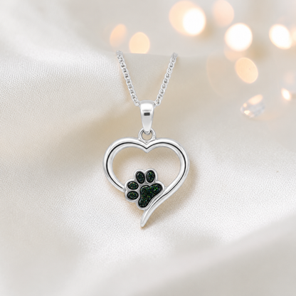 Penny Paw Pendant - heart shaped ashes memorial pendant with paw detail in black flame, handcrafted in Lancashire UK - by Keepsake Memorial Jewellery