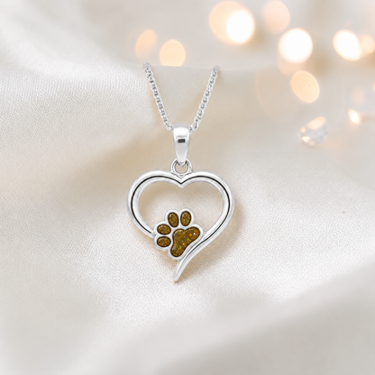 Penny Paw Pendant - heart shaped ashes memorial pendant with paw detail in gold olive, handcrafted in Lancashire UK - by Keepsake Memorial Jewellery
