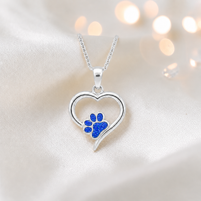 Penny Paw Pendant - heart shaped ashes memorial pendant with paw detail in royal blue, handcrafted in Lancashire UK - by Keepsake Memorial Jewellery