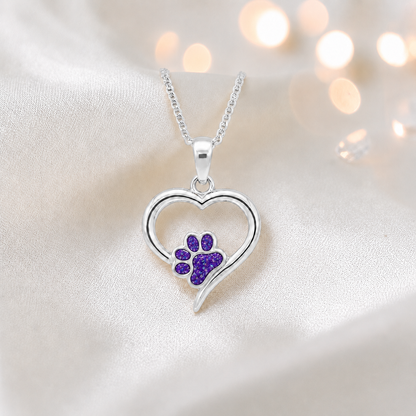 Penny Paw Pendant - heart shaped ashes memorial pendant with paw detail in sleepy lavender, handcrafted in Lancashire UK - by Keepsake Memorial Jewellery