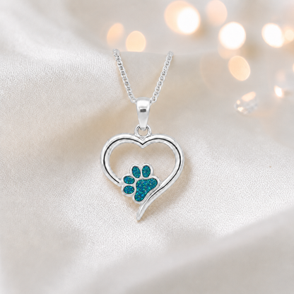 Penny Paw Pendant - heart shaped ashes memorial pendant with paw detail in teal mist, handcrafted in Lancashire UK - by Keepsake Memorial Jewellery