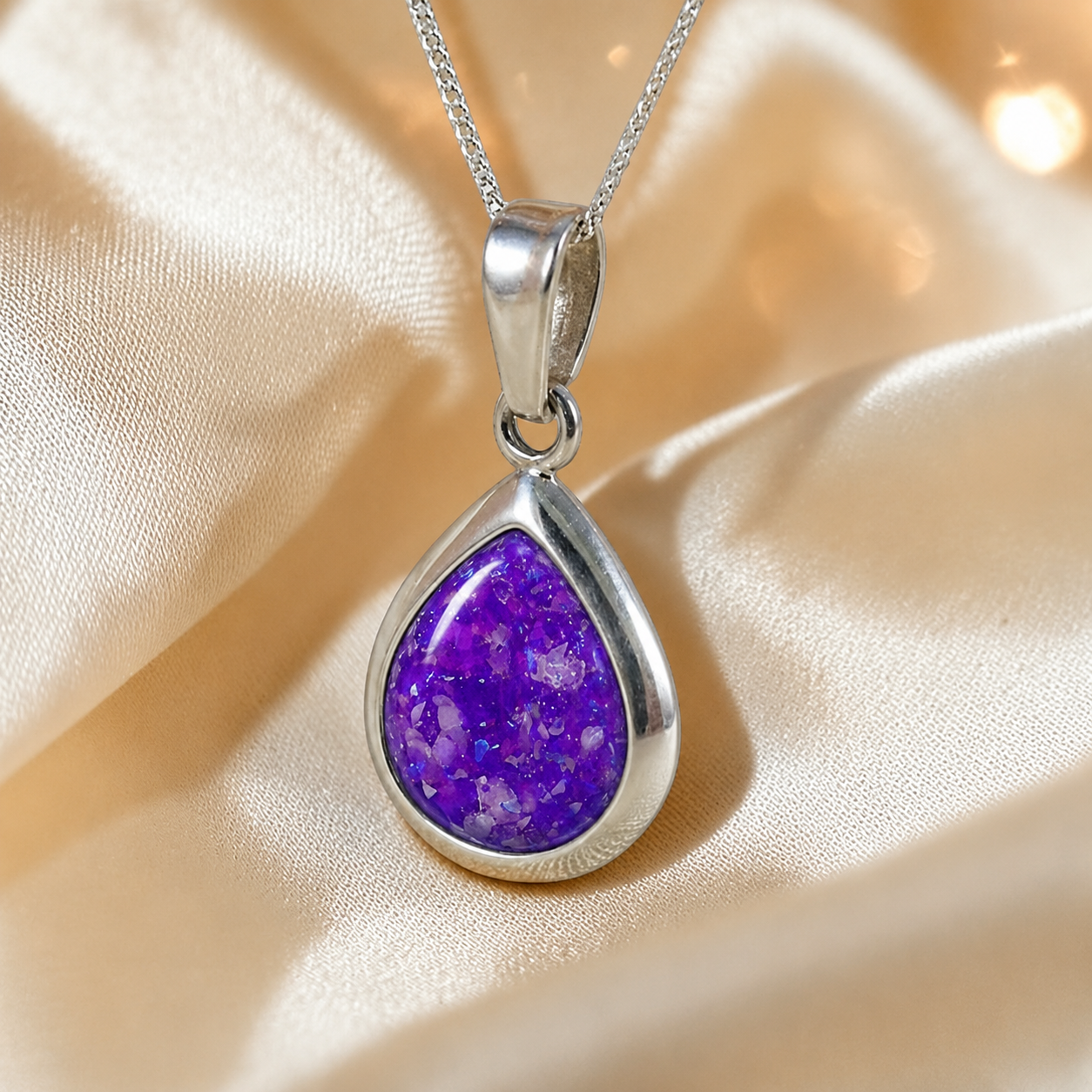 Procyon pear shaped ashes pendant in sleepy lavender, handcrafted in Lancashire UK