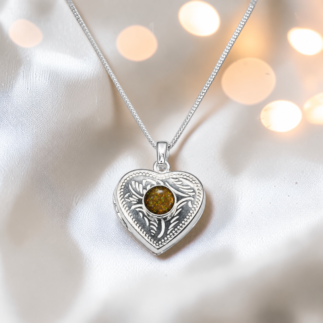 Rasal heart locket with round memorial stone in gold olive, handcrafted in Lancashire UK - by Keepsake Memorial Jewellery