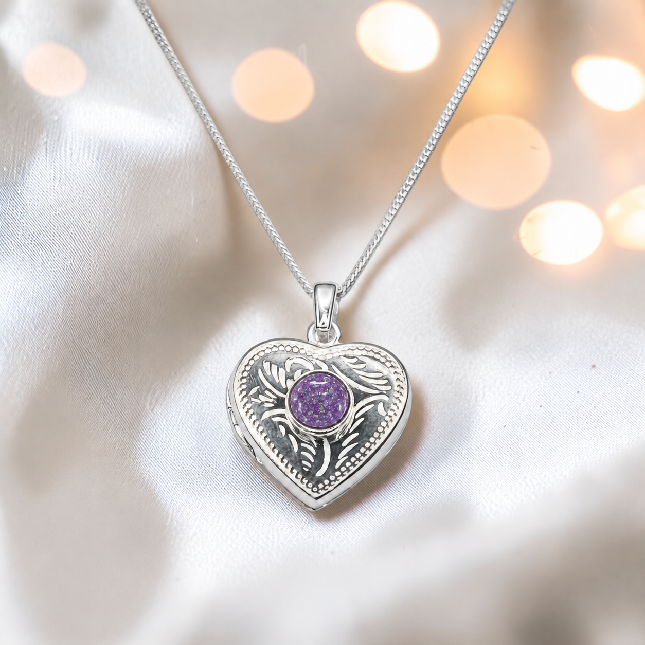 Rasal heart locket with round memorial stone in rose pink, handcrafted in Lancashire UK - by Keepsake Memorial Jewellery