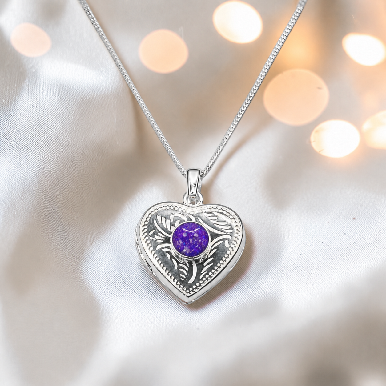 Rasal heart locket with round memorial stone in sleepy lavender, handcrafted in Lancashire UK - by Keepsake Memorial Jewellery