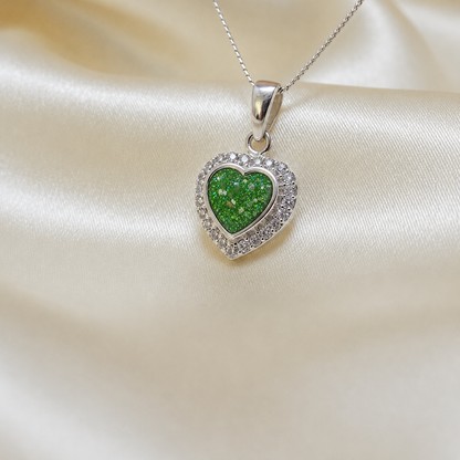 Rigel sterling silver heart ashes pendant with CZ stones, in fruit green, handcrafted in Lancashire UK 