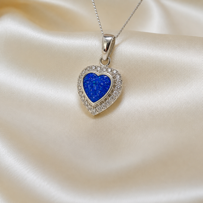 Rigel sterling silver heart ashes pendant with CZ stones, in royal blue, handcrafted in Lancashire UK 
