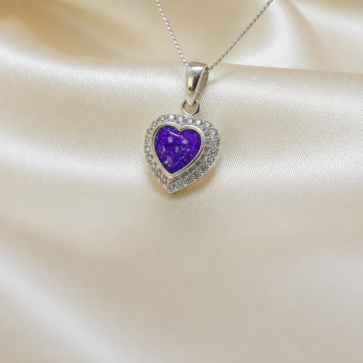 Rigel sterling silver heart ashes pendant with CZ stones, in sleepy lavender, handcrafted in Lancashire UK 
