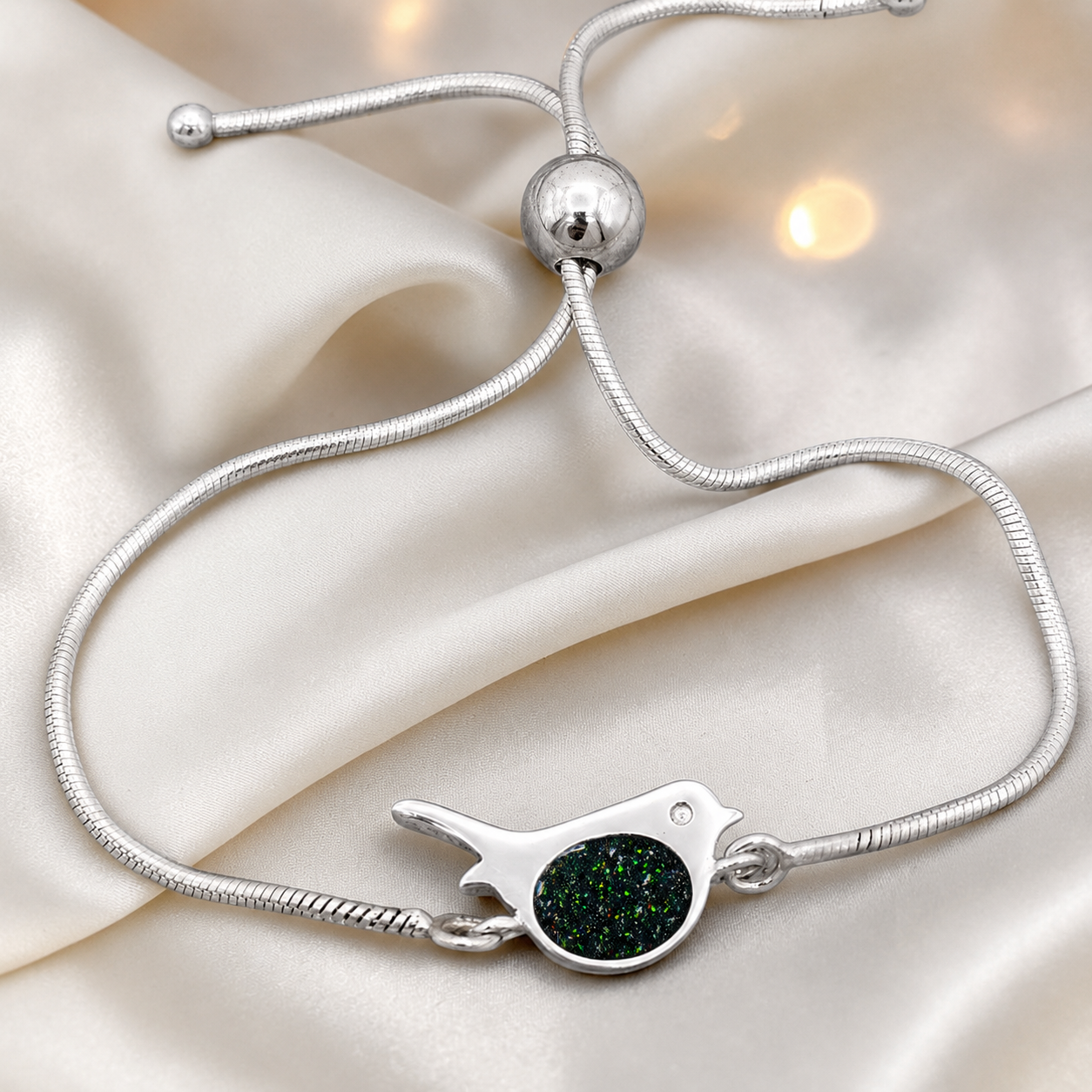 Robin bird memorial ashes bracelet, in black flame, handcrafted in Lancashire UK - by Keepsake Memorial Jewellery
