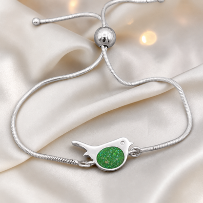 Robin bird memorial ashes bracelet, in fruit green, handcrafted in Lancashire UK - by Keepsake Memorial Jewellery