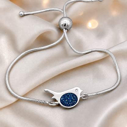 Robin bird memorial ashes bracelet, in sapphire glow, handcrafted in Lancashire UK - by Keepsake Memorial Jewellery