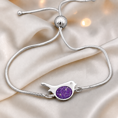 Robin bird memorial ashes bracelet, in sleepy lavender, handcrafted in Lancashire UK - by Keepsake Memorial Jewellery