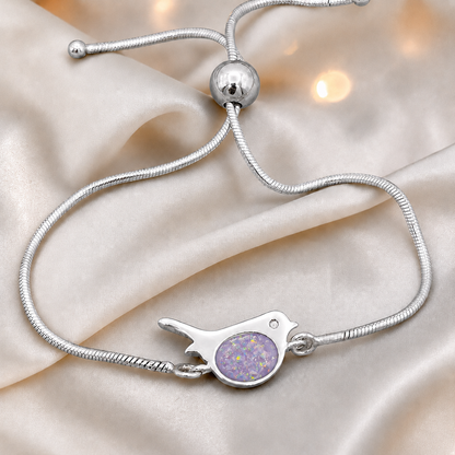 Robin bird memorial ashes bracelet, in unicorn purple, handcrafted in Lancashire UK - by Keepsake Memorial Jewellery