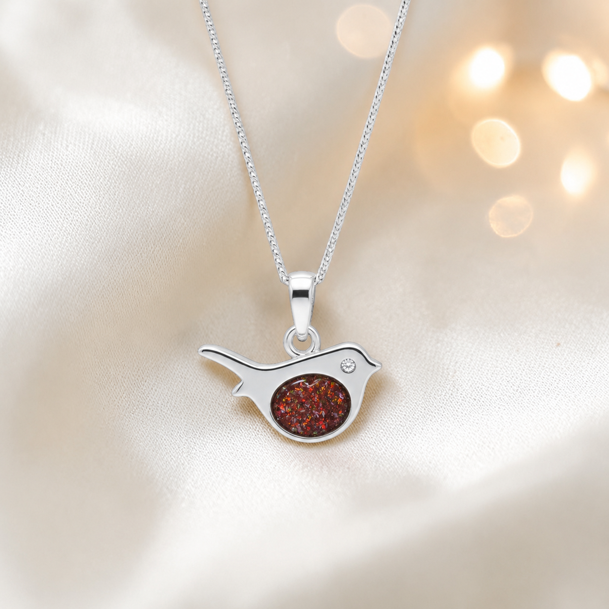 Robin bird shaped white gold memorial pendant in copper mocha, handcrafted in Lancashire UK - by Keepsake Memorial Jewellery