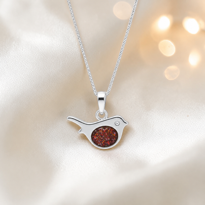 Robin bird shaped white gold memorial pendant in copper mocha, handcrafted in Lancashire UK - by Keepsake Memorial Jewellery