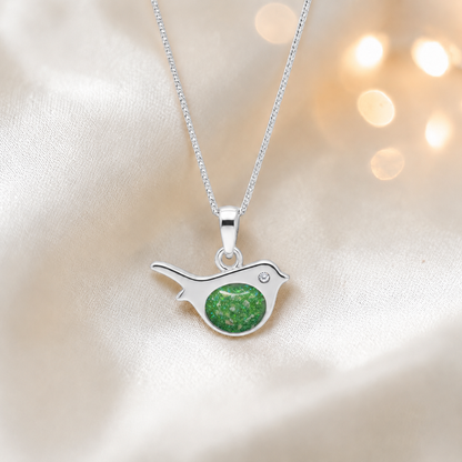 Robin bird shaped white gold memorial pendant in fruit green, handcrafted in Lancashire UK - by Keepsake Memorial Jewellery