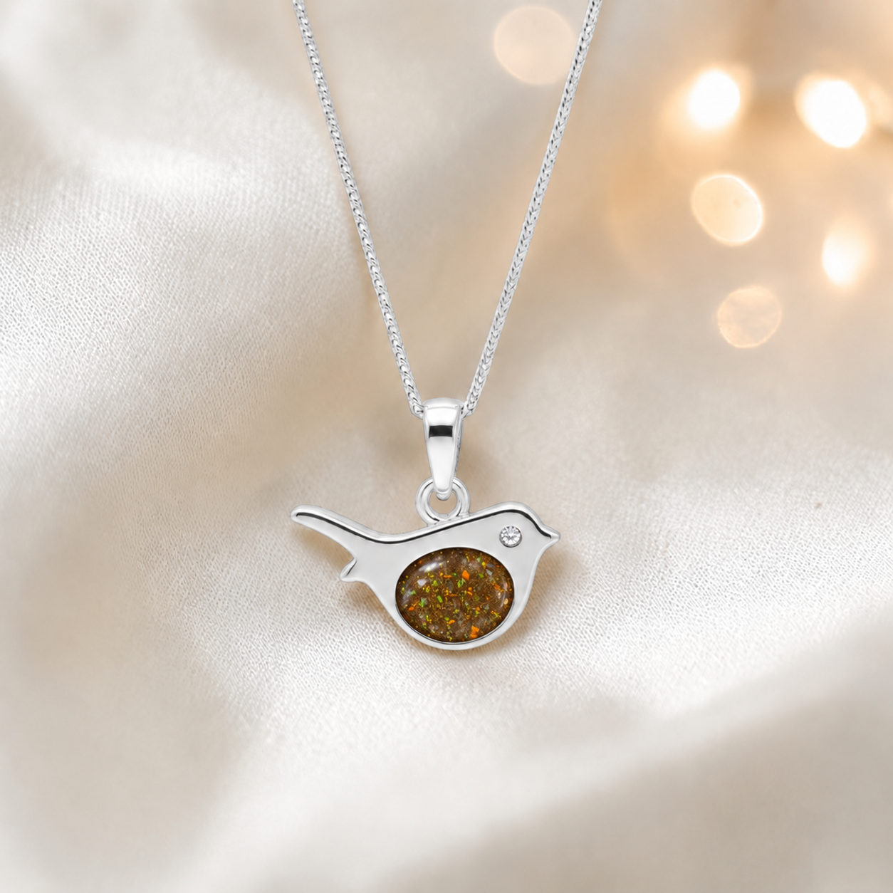 Robin bird shaped white gold memorial pendant in gold olive, handcrafted in Lancashire UK - by Keepsake Memorial Jewellery