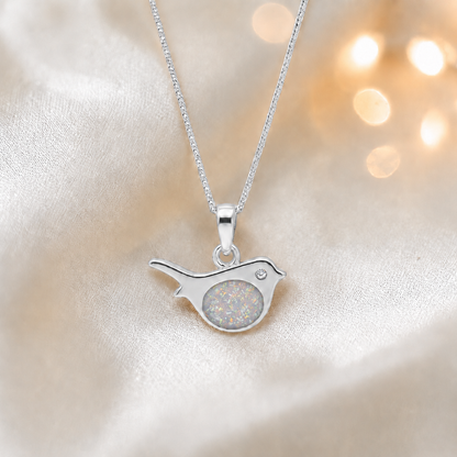 Robin white gold memorial pendant in white snow, handcrafted in Lancashire UK - by Keepsake Memorial Jewellery