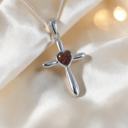 Saiph dainty sterling silver ashes cross with heart detail in copper mocha, handcrafted in Lancashire UK - by Keepsake Memorial Jewellery  