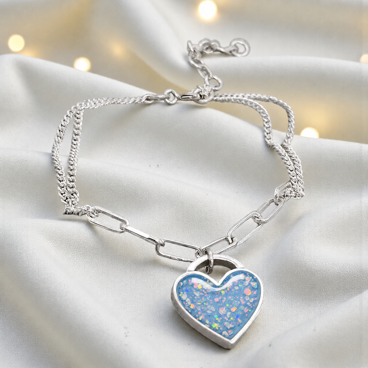 Selene Bracelet — silver chunky heart ashes memorial bracelet, in baby blue, handcrafted in Lancashire, UK - by Keepsake Memorial Jewellery