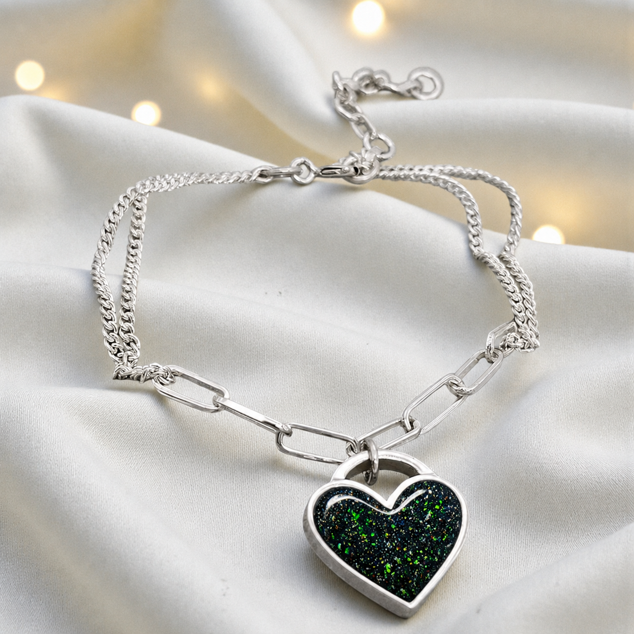 Selene Bracelet — silver chunky heart ashes memorial bracelet, in black flame, handcrafted in Lancashire, UK - by Keepsake Memorial Jewellery