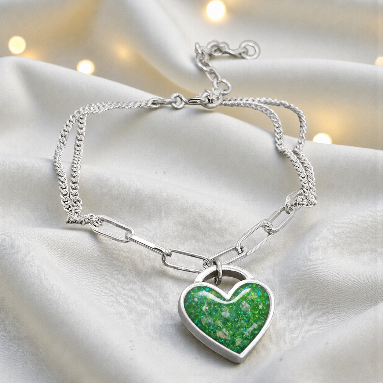 Selene Bracelet — silver chunky heart ashes memorial bracelet, in fruit green, handcrafted in Lancashire, UK - by Keepsake Memorial Jewellery